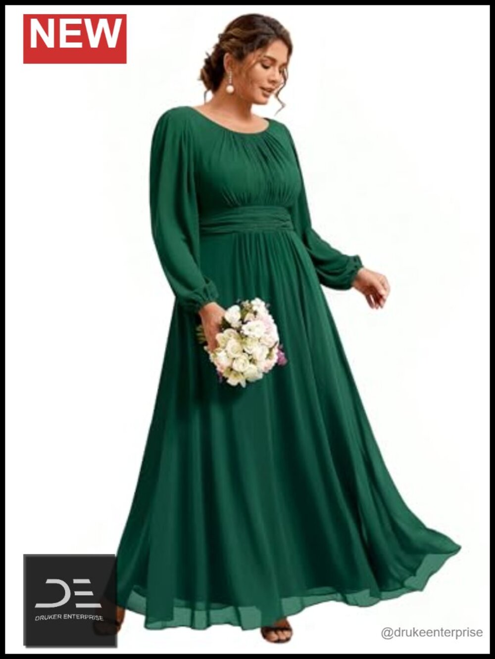 Plus Size Long Sleeve A-Line Chiffon Formal Dress Bridesmaid Mother of Bride
